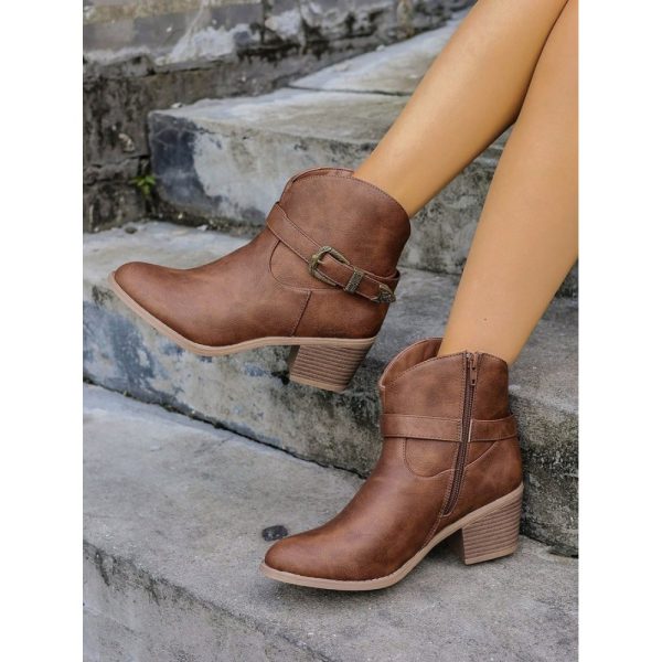 Vintage Plain Non-Slip Zipper Block Heel Cowboy Boots Buckle - Image 5