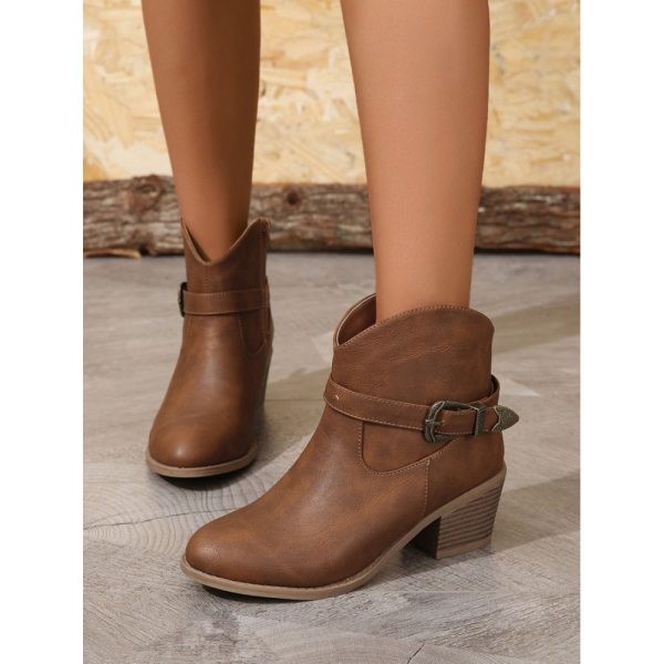 Vintage Plain Non-Slip Zipper Block Heel Cowboy Boots Buckle - Image 8