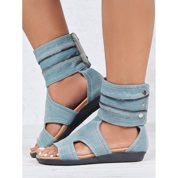 Blue Hollow out Button Denim Sandals Boots - Image 5