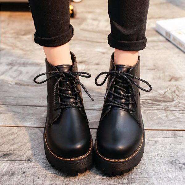 Simple Plain Lace-Up Low Heel Straight Boots - Image 3
