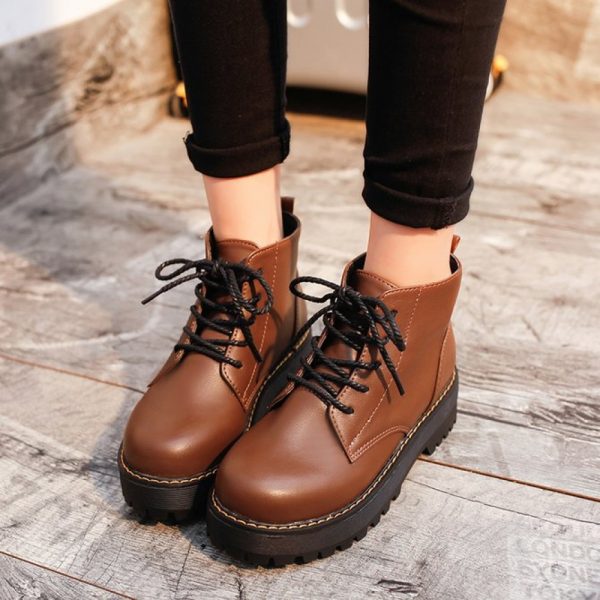 Simple Plain Lace-Up Low Heel Straight Boots - Image 4