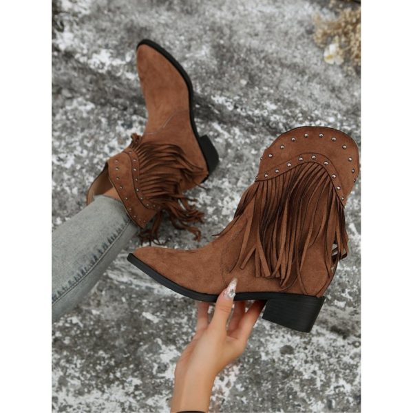 West Style Plain Non-Slip Slip On Block Heel Cowboy Boots Rivet - Image 2