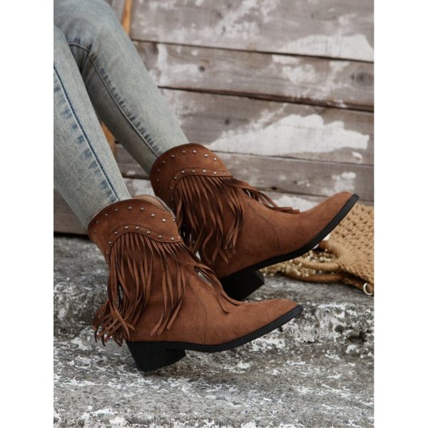West Style Plain Non-Slip Slip On Block Heel Cowboy Boots Rivet - Image 4