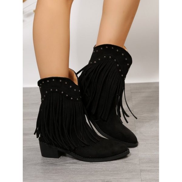 West Style Plain Non-Slip Slip On Block Heel Cowboy Boots Rivet - Image 5