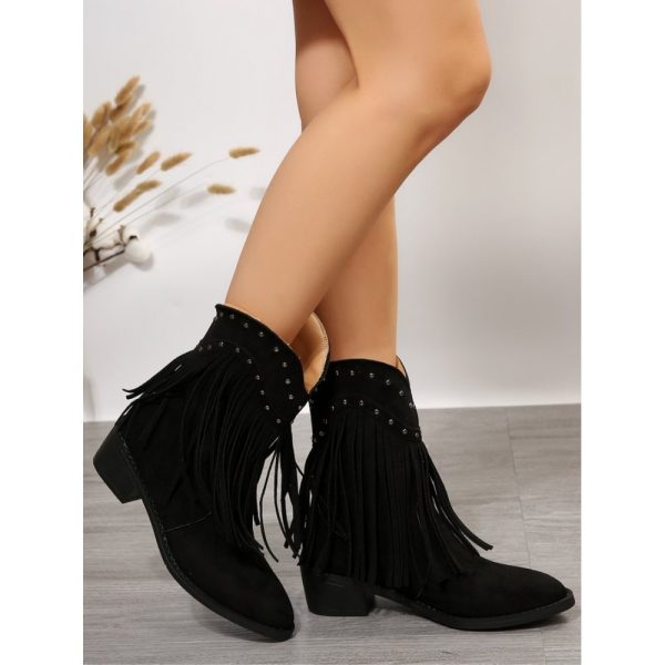 West Style Plain Non-Slip Slip On Block Heel Cowboy Boots Rivet - Image 6