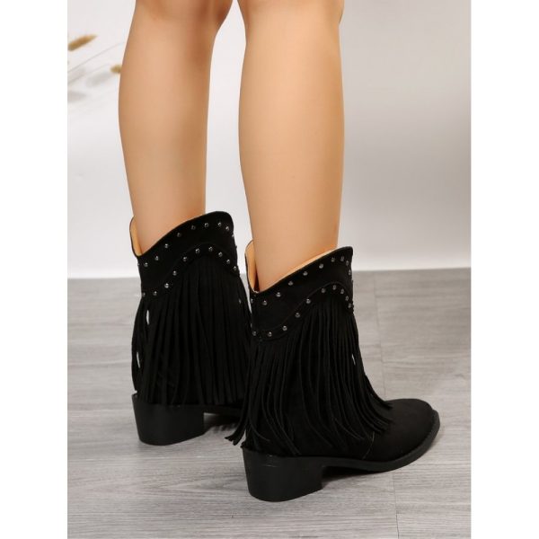 West Style Plain Non-Slip Slip On Block Heel Cowboy Boots Rivet - Image 8