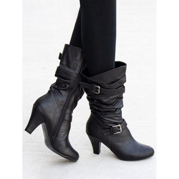 Casual Ruched Buckle Chunky Heel Boots - Image 3